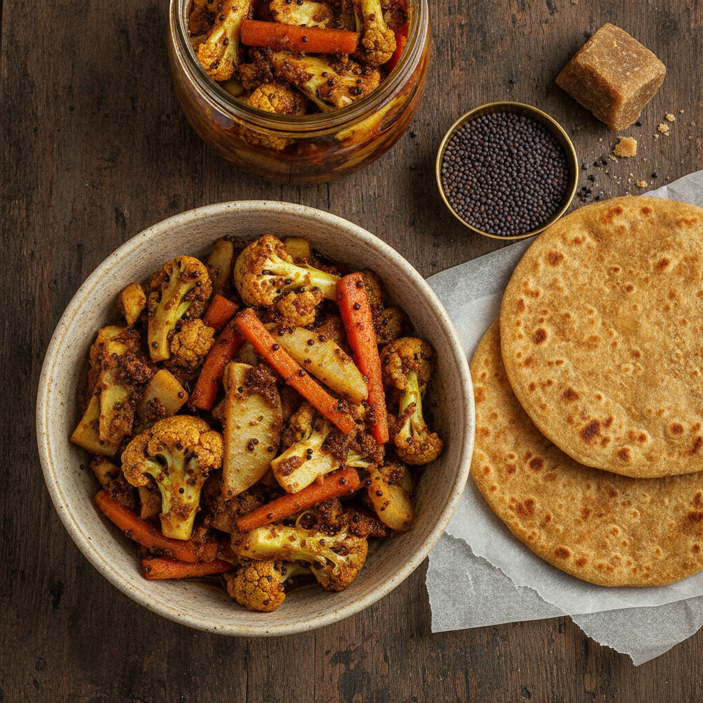 Punjabi gobhi gajar shalgam achar in a jar and bowl with black mustard seeds, jaggery and parathas