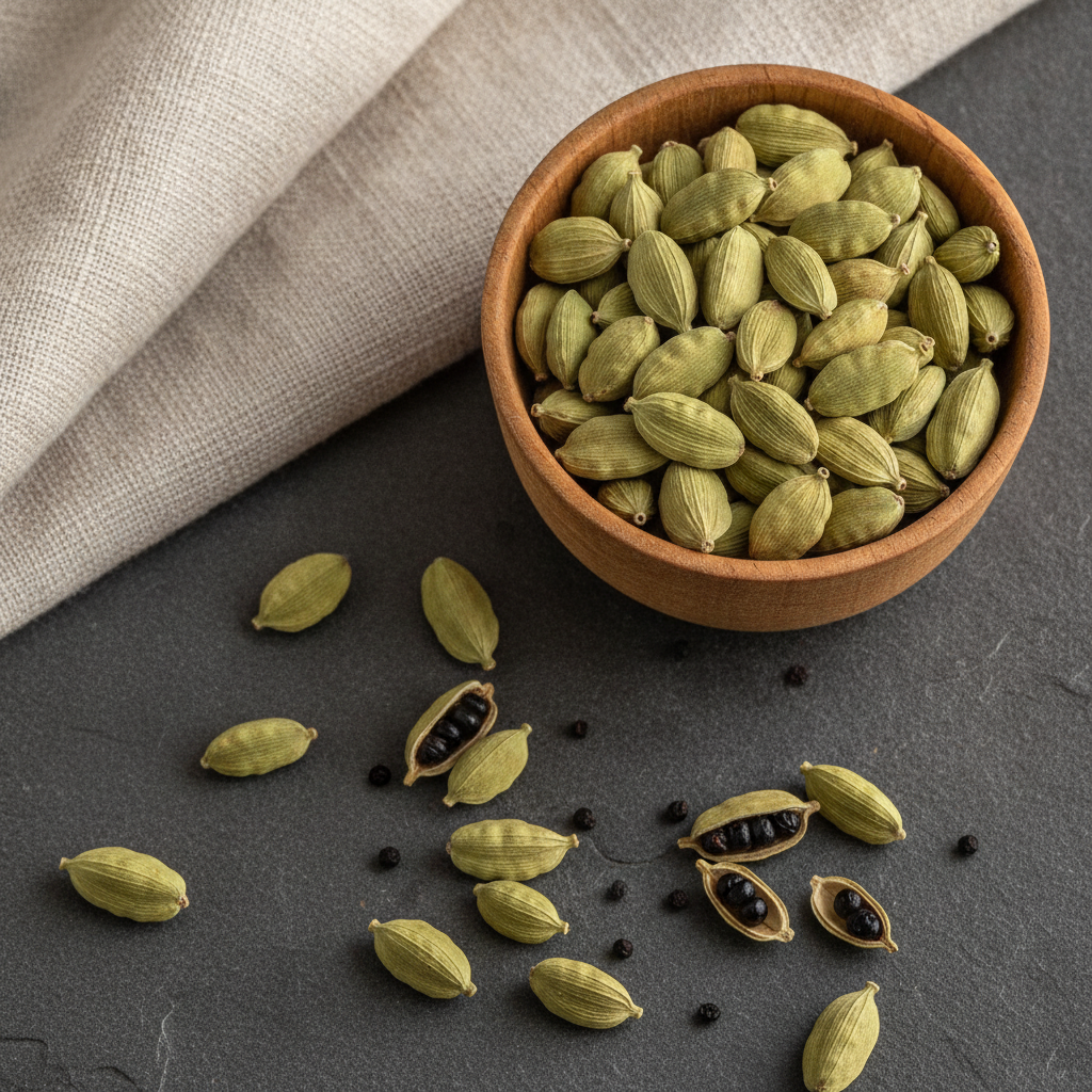 Fresh plump green cardamom pods (elaichi) in a wooden bowl on a dark slate surface