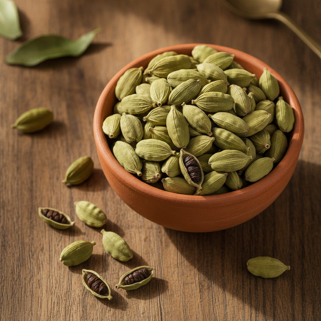 Fresh green cardamom pods in a terracotta bowl on a wooden surface — ODM Masala elaichi