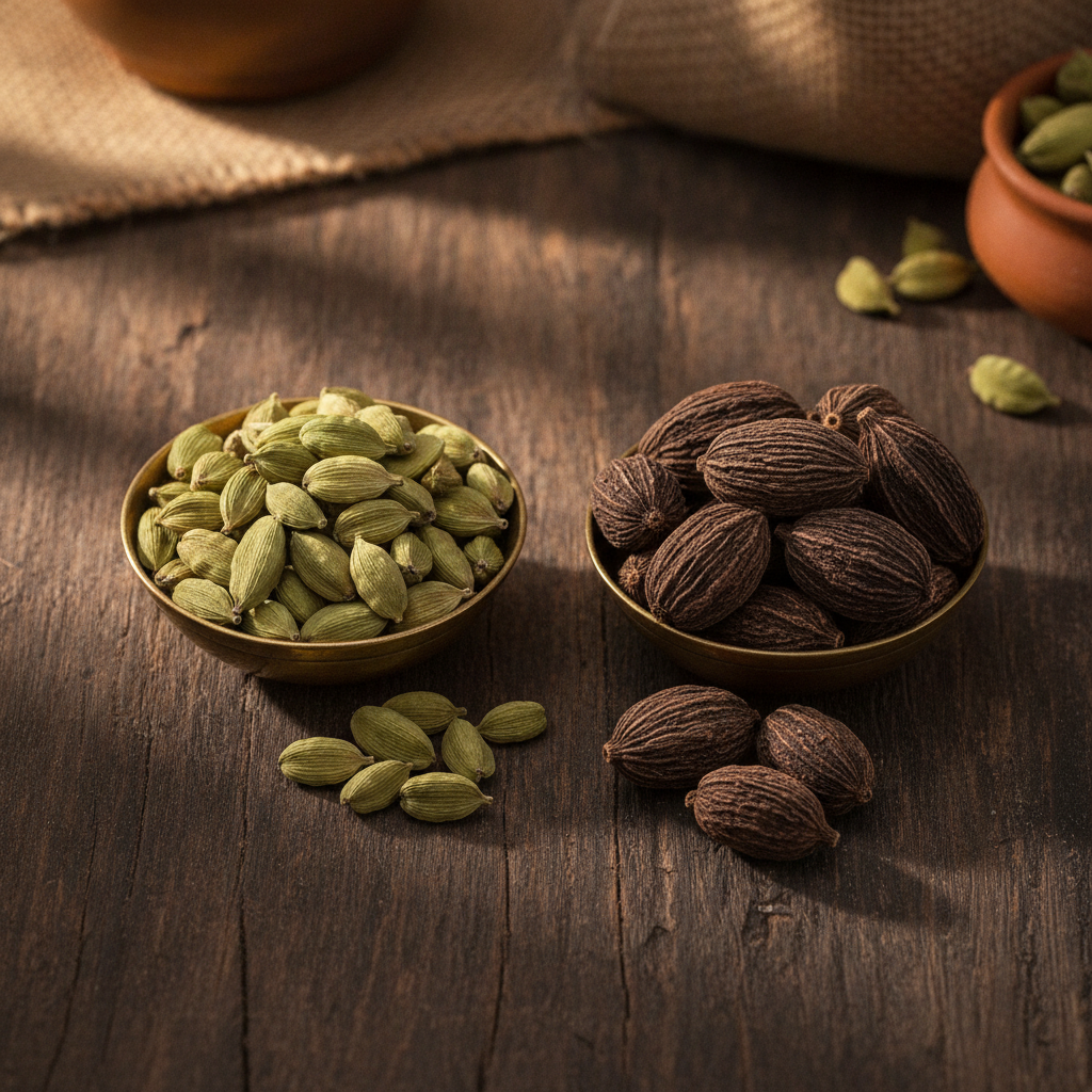 Green cardamom and black cardamom pods side by side comparing choti elaichi and badi elaichi