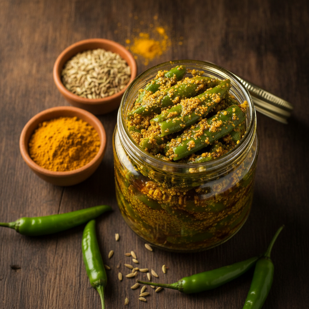 Hari mirch ka achar in a glass jar, green chillies coated in coarse yellow mustard masala with bowls of fennel seeds and turmeric alongside