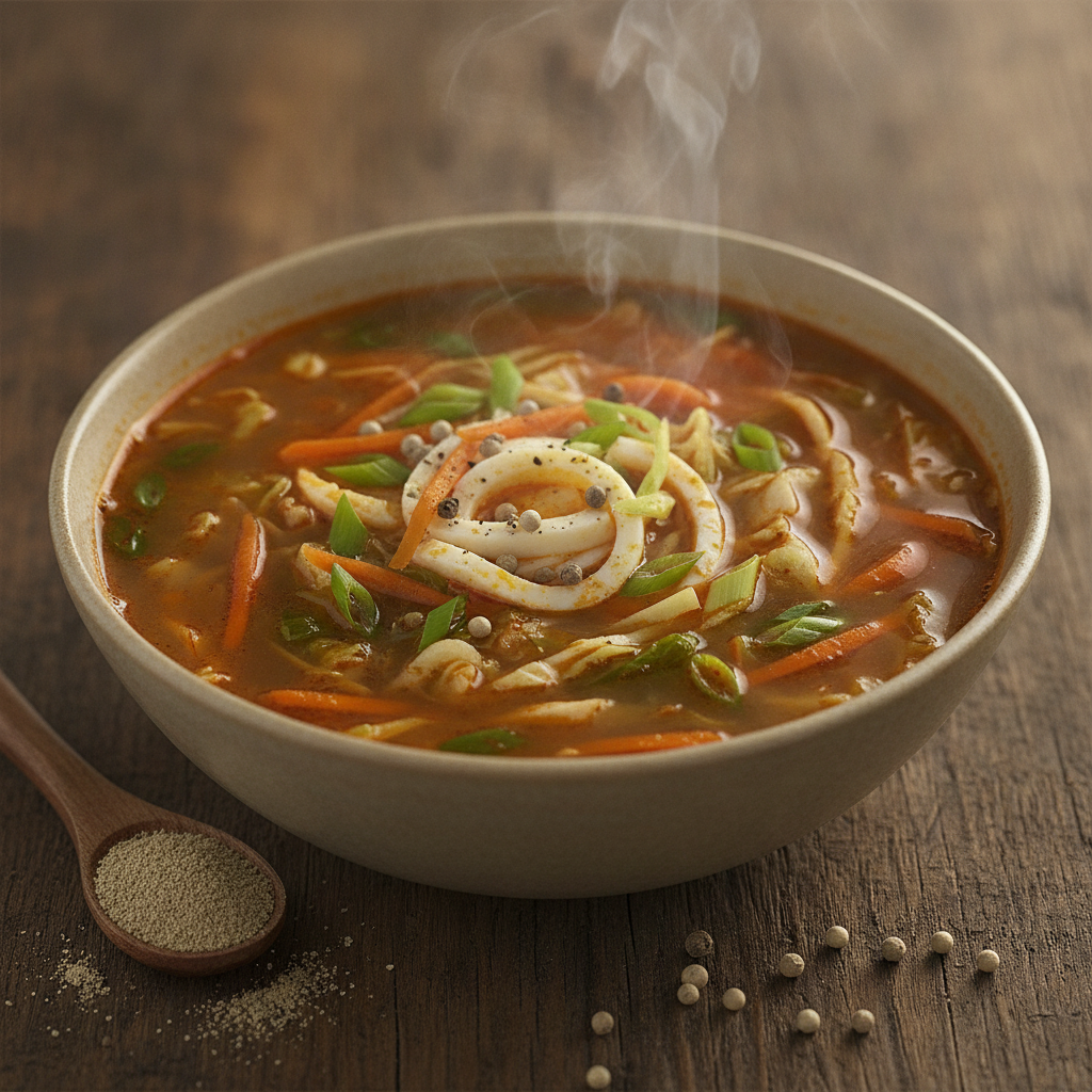Steaming bowl of Indo-Chinese hot and sour soup garnished with spring onions, made with ODM White Pepper