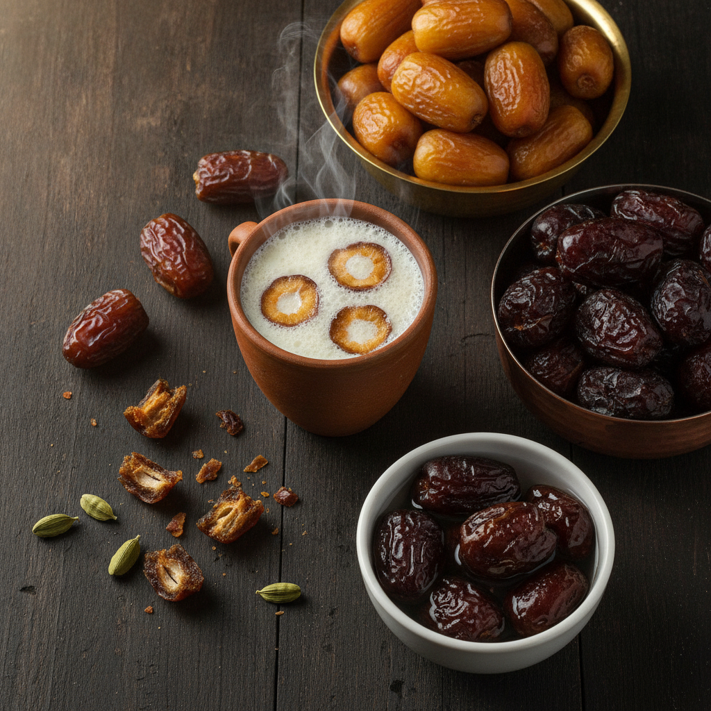 Warm milk with sliced chuwara beside bowls of peela and kala chuwara dry dates and soaked dates on a dark wooden table