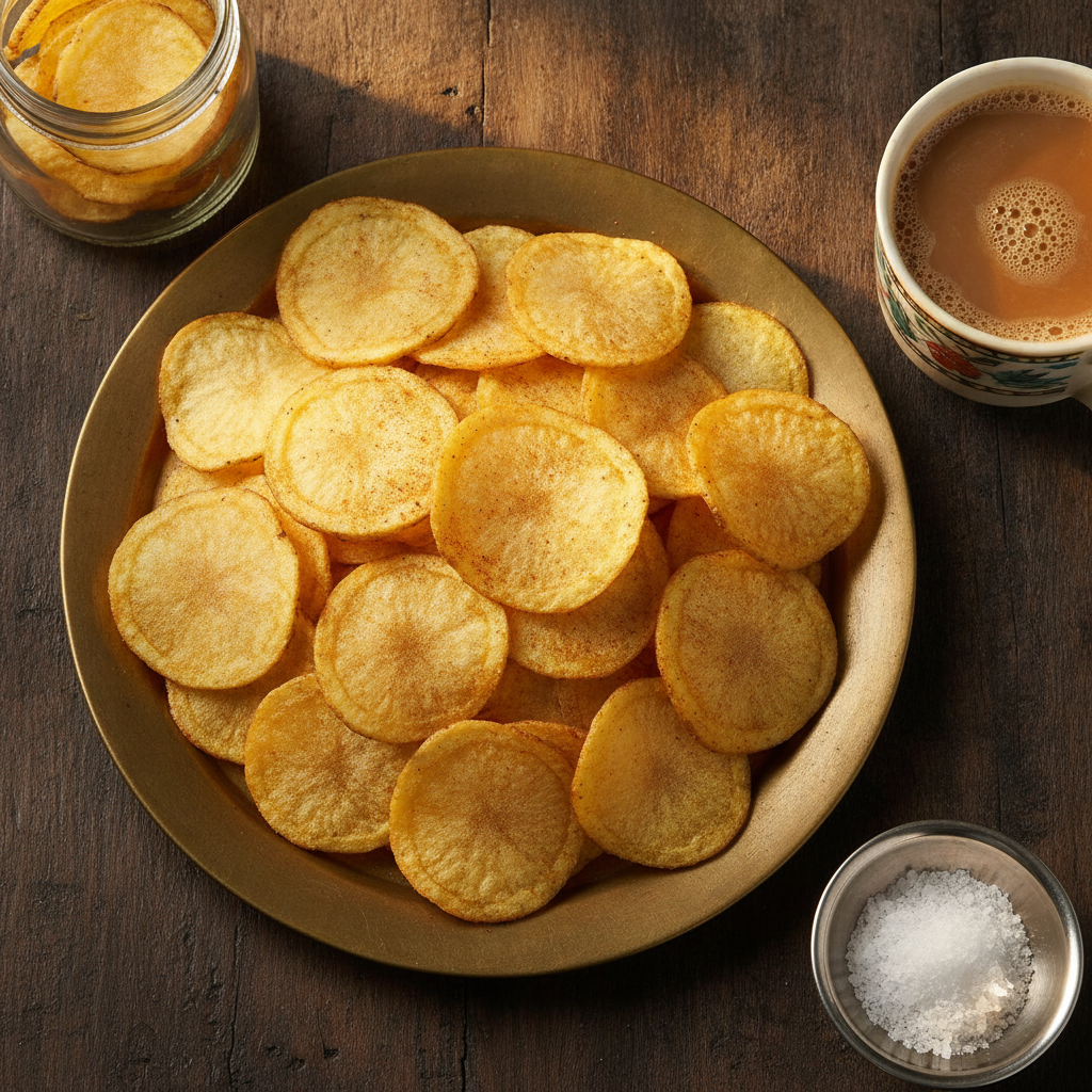 Plate of golden fried homemade aloo chips with a jar of dry potato chips, salt and masala chai