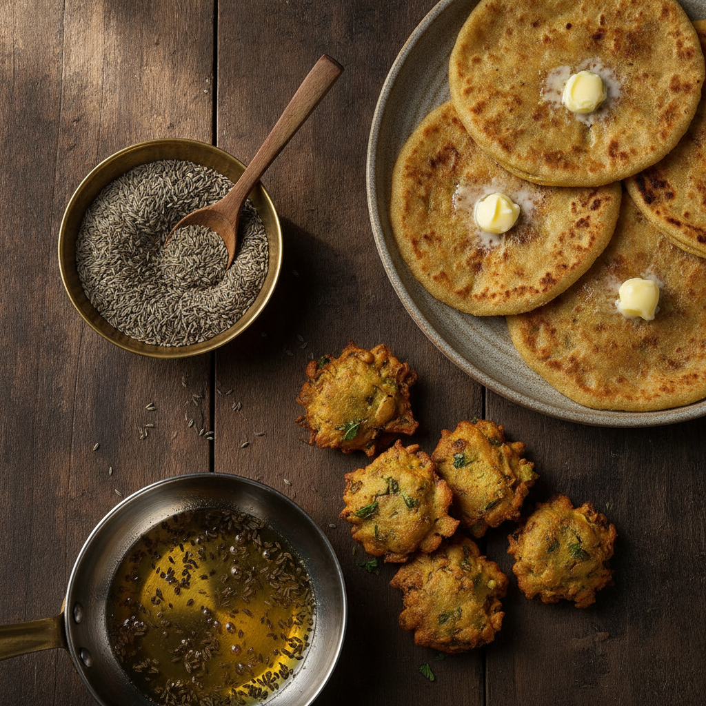 Brass bowl of ajwain carom seeds with golden ajwain parathas, besan pakoras and a tadka pan of sizzling ajwain in ghee on a dark wooden table