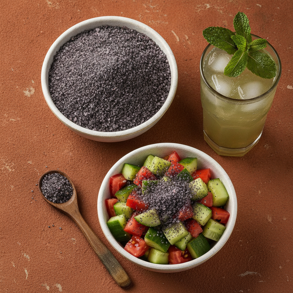 Bowl of kala namak black salt with cucumber tomato chaat and a glass of jaljeera