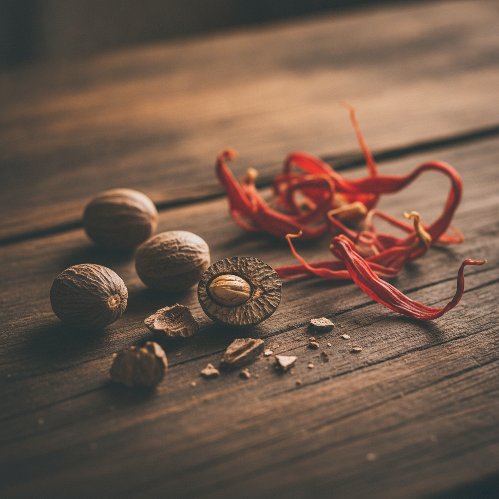 Whole nutmeg (jaiphal) seeds and mace (javitri) strands on a rustic wooden table