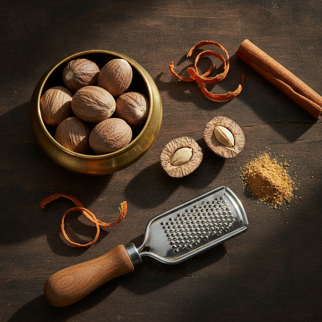 Whole nutmeg (jaiphal) seeds in a brass bowl with a halved nutmeg, grater and freshly grated powder on a dark wooden table