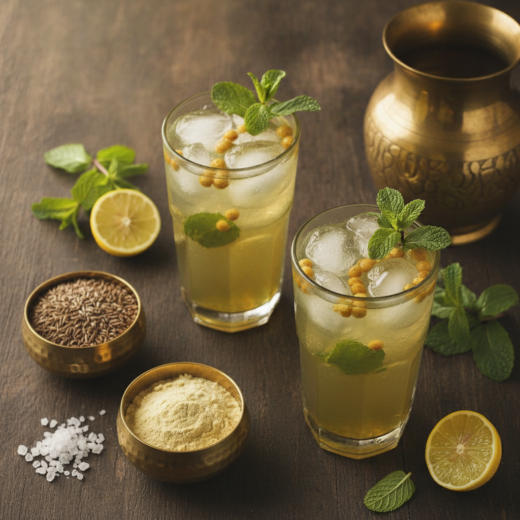 Two glasses of homemade jaljeera with ice, mint and boondi beside a brass jug, roasted cumin, amchoor and black salt