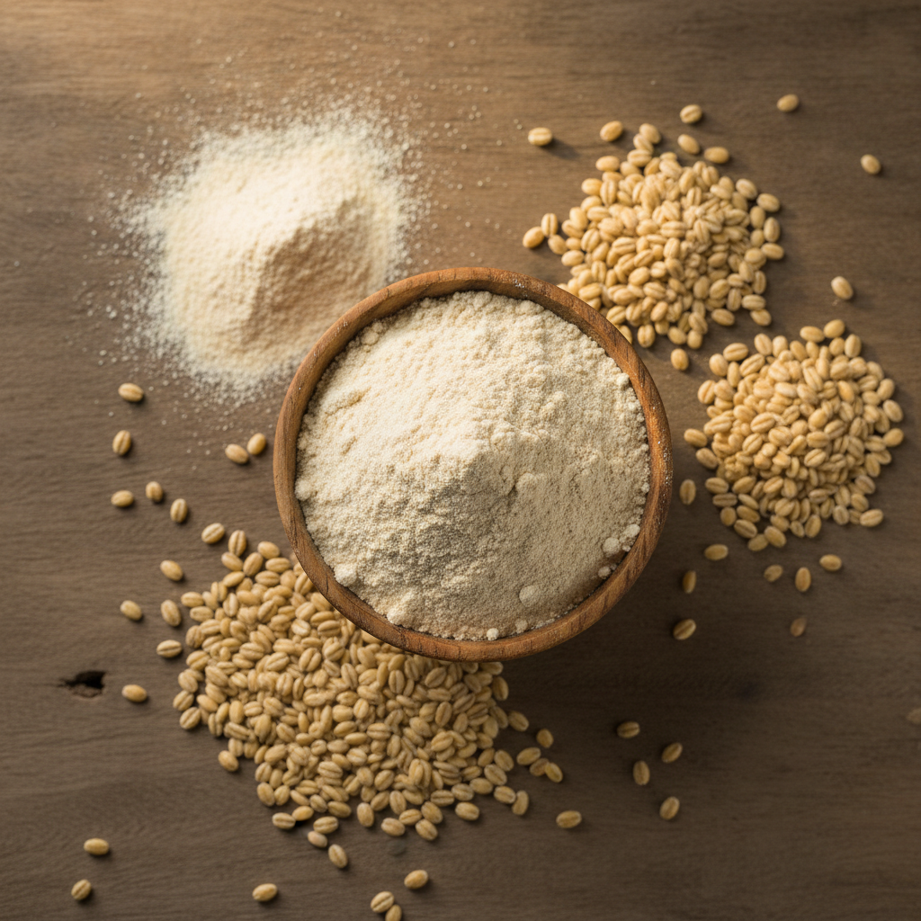 Raw barley grains and pale jau atta (barley flour) in a wooden bowl on a rustic countertop