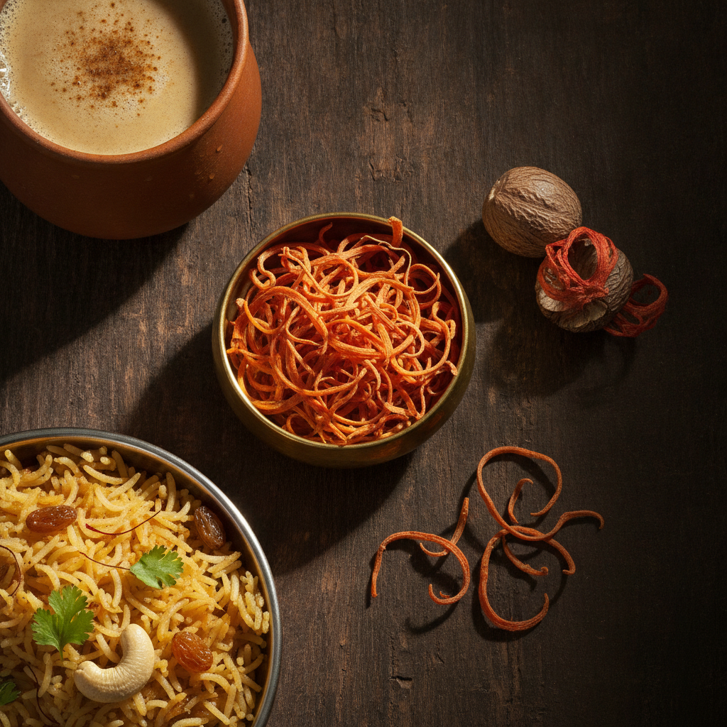 Brass bowl of dried javitri (mace) blades beside a whole nutmeg with its red mace covering, masala milk and pulao on a dark wooden table