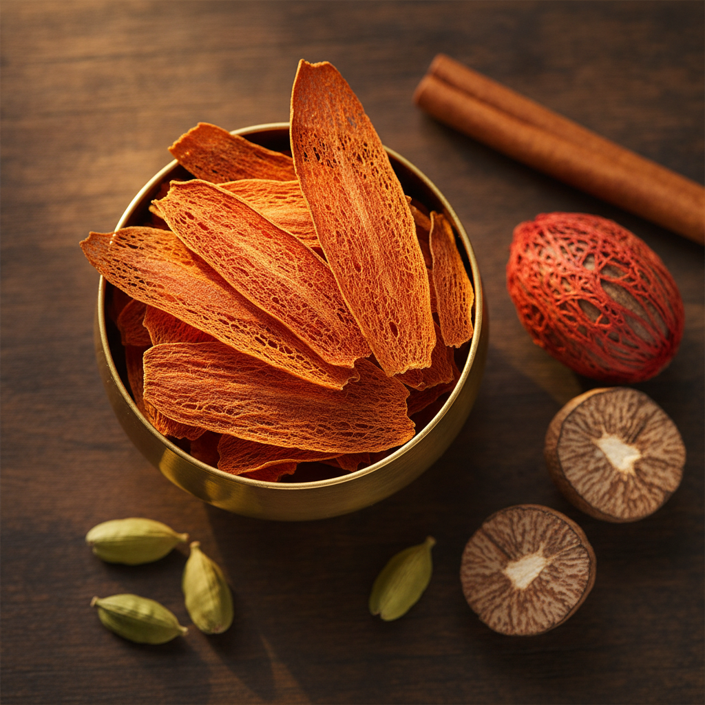Brass bowl of whole orange javitri (mace) blades beside a nutmeg wrapped in red mace, halved nutmeg, green cardamom and cinnamon on dark wood