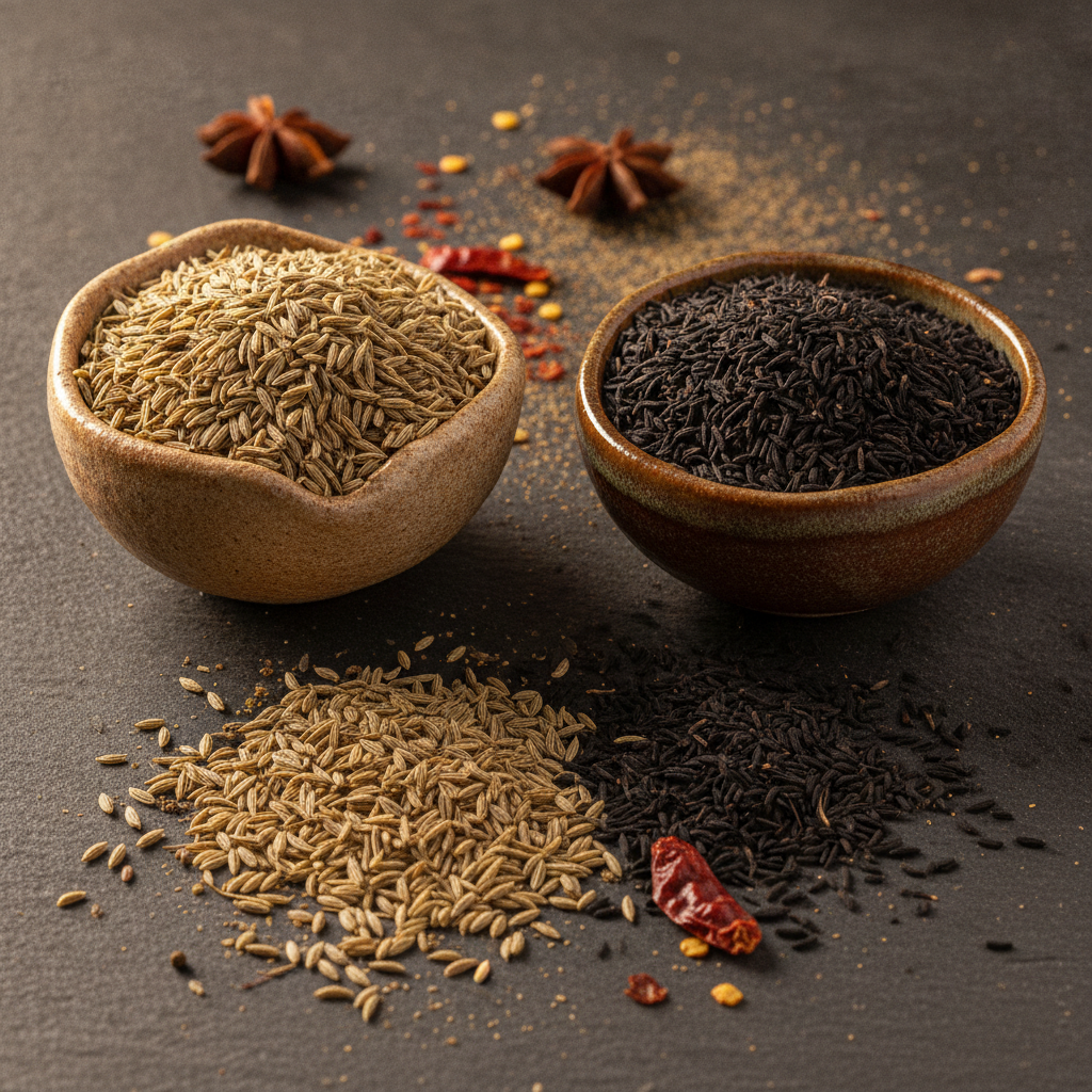 Two ceramic bowls side by side showing pale cumin seeds (jeera) and dark shahi jeera (black cumin) on a slate surface