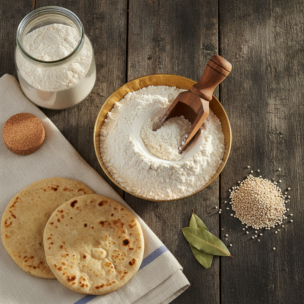 Brass bowl of fresh jowar atta (sorghum flour) with a wooden scoop, glass jar of flour, white jowar grains, bay leaves and jowar rotis on dark wood