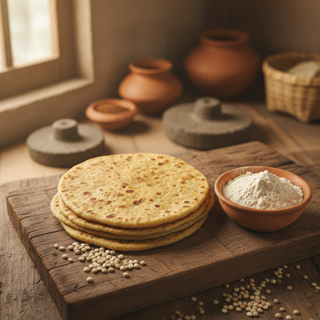 Stack of golden jowar bhakri flatbreads with sorghum flour and grains on a rustic wooden board