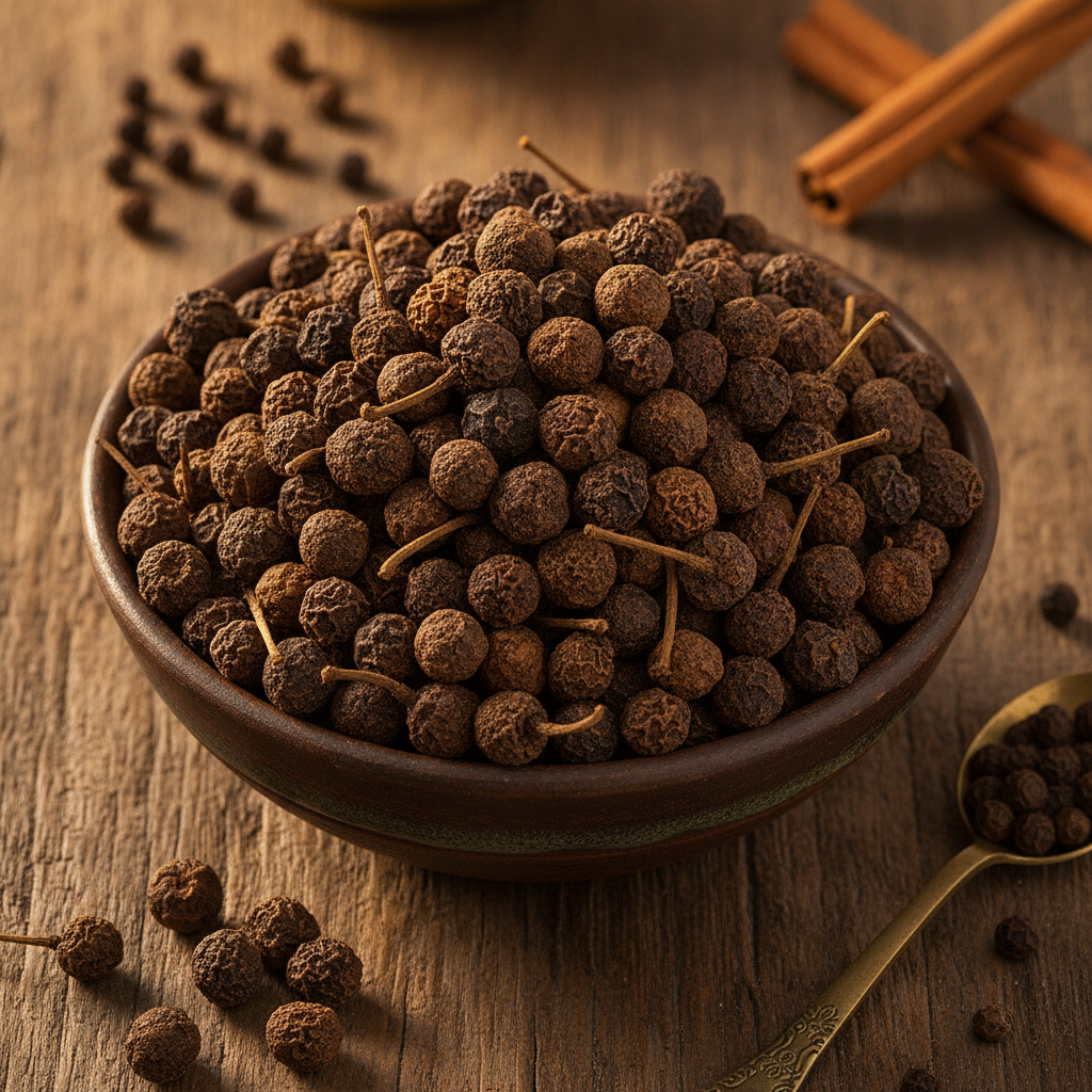 Dried cubeb pepper berries (kabab chini) with their small tails, heaped in a dark stoneware bowl on a wooden kitchen table