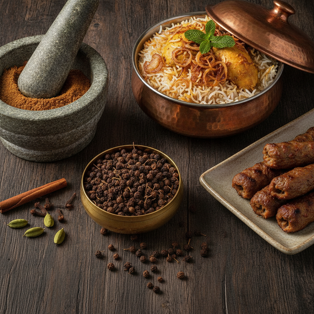 Brass bowl of whole kabab chini (cubeb pepper) berries beside chicken biryani, seekh kebabs and a mortar of ground spice