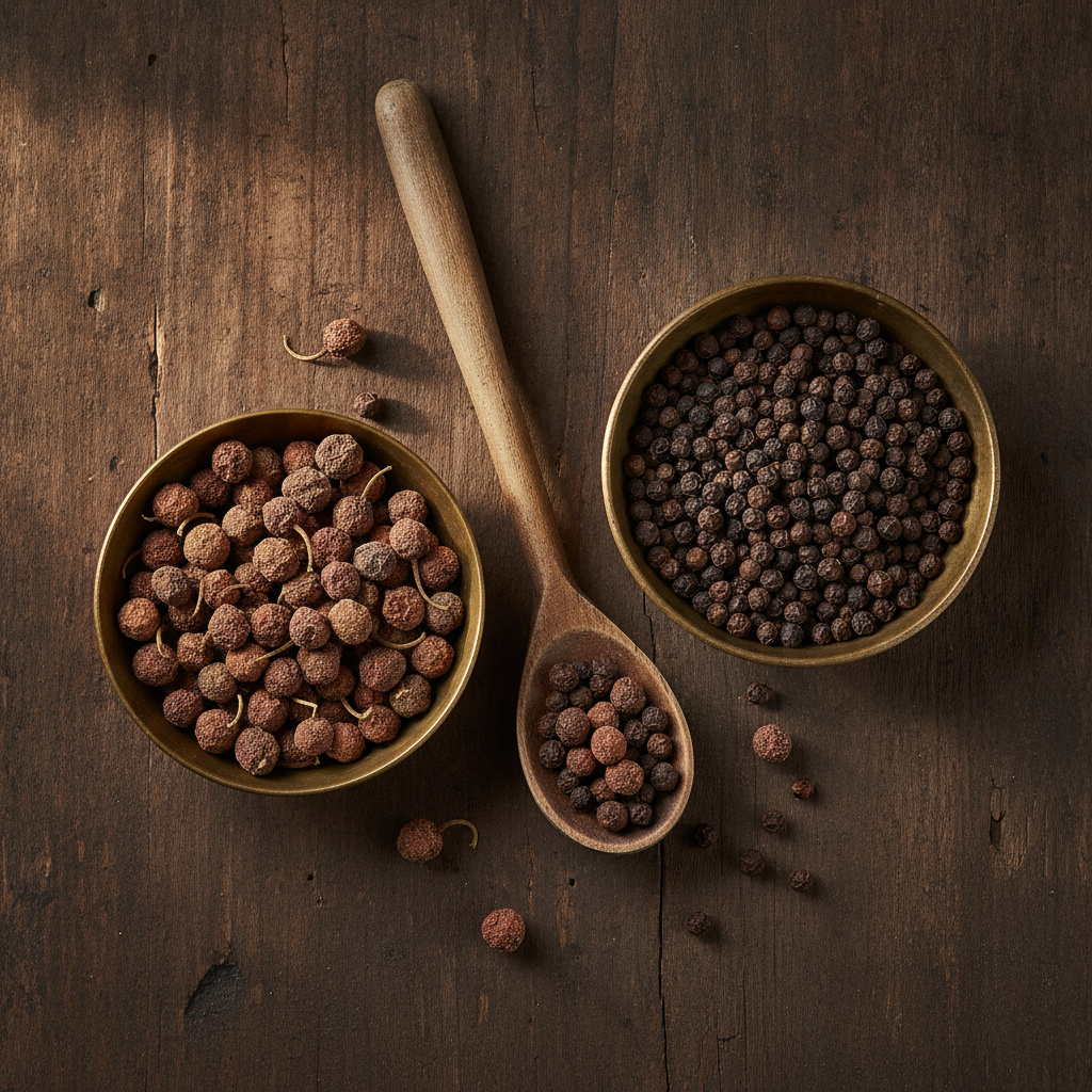 Whole cubeb pepper (kabab chini) and black peppercorns (kali mirch) in brass bowls with a wooden spoon on a dark wooden table