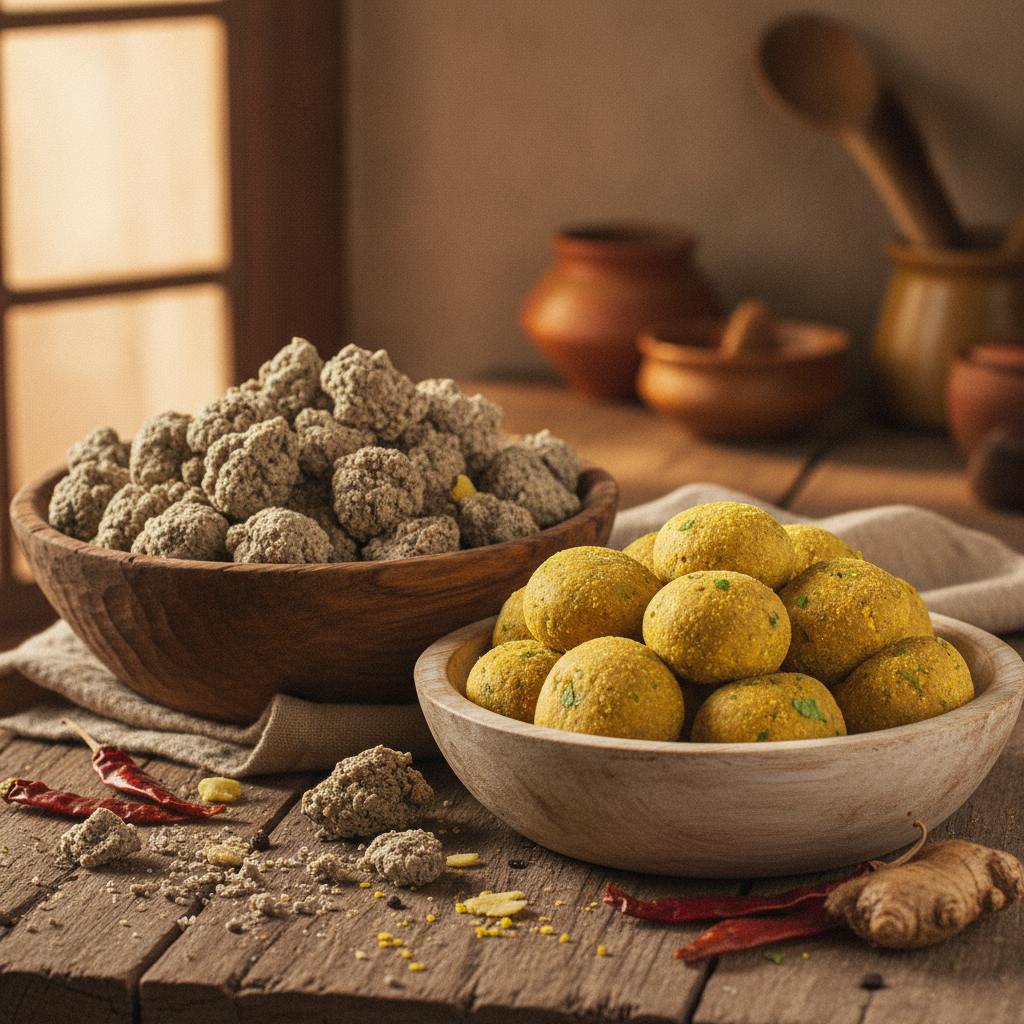 Urad and moong dal badi (sun-dried lentil dumplings) in bowls