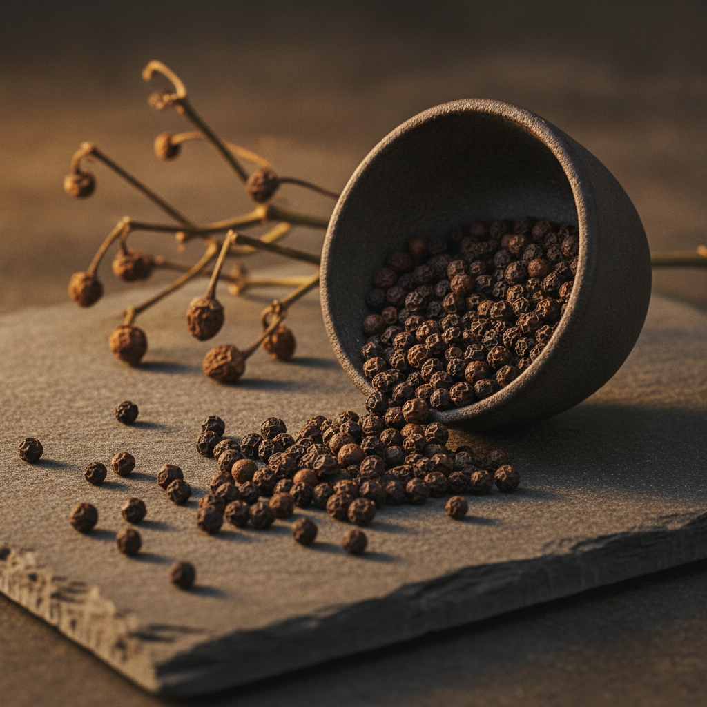 Premium whole black peppercorns in a dark ceramic bowl on grey slate surface - ODM Kali Mirch