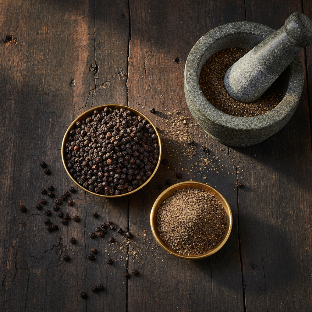 Whole black peppercorns in a brass bowl beside freshly ground kali mirch powder and a stone mortar with cracked pepper