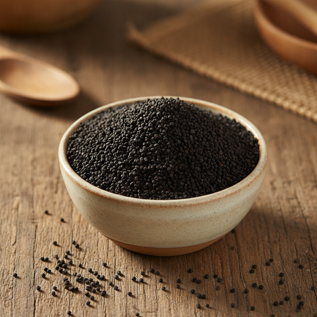 A ceramic bowl of jet-black kalonji (nigella seeds) on a wooden kitchen counter
