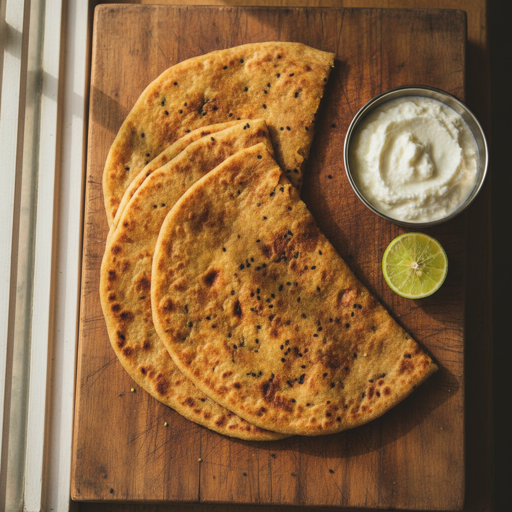Golden-brown kalonji paratha stacked on a wooden board with nigella seeds, served with curd