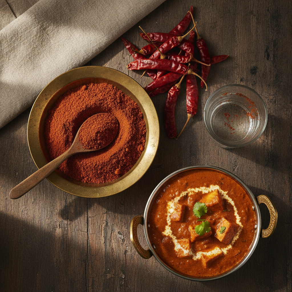 Brass bowl of deep red Kashmiri chilli powder with dried Kashmiri red chillies, a glass of water for the purity test and paneer butter masala