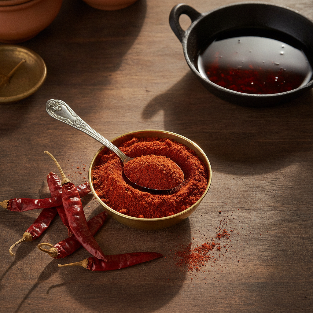 Bowl of bright red Kashmiri mirch powder with whole dried Kashmiri chillies and a kadhai of red-tinted oil