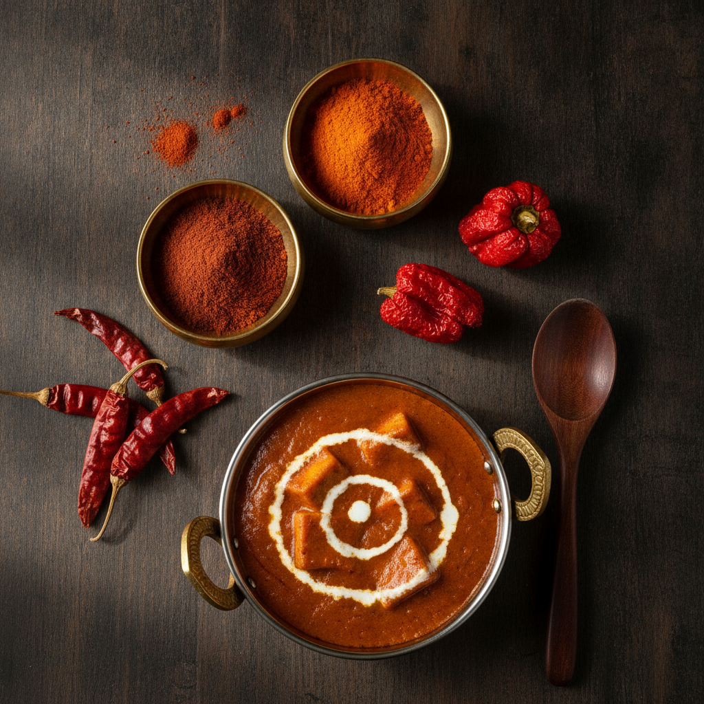 Brass bowls of Kashmiri mirch powder and paprika with dried red chillies and paneer butter masala