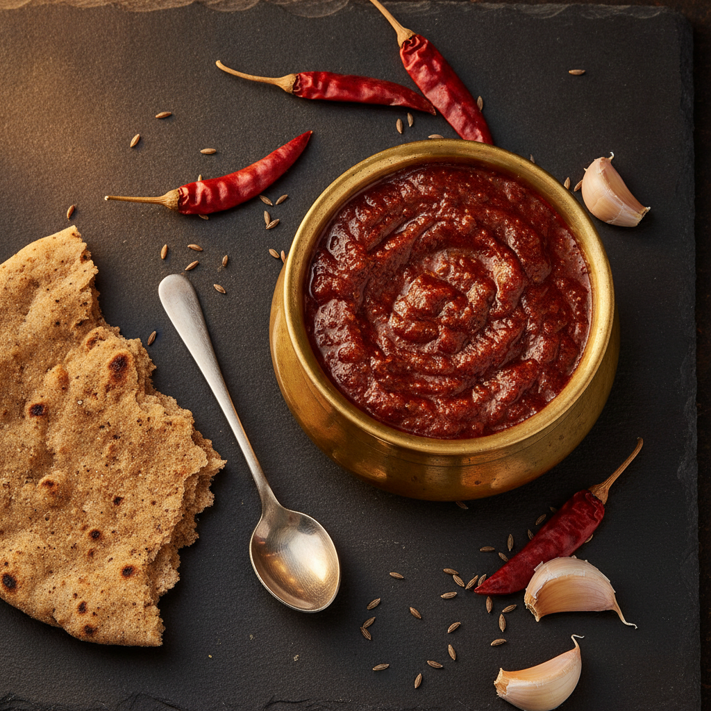 Bowl of thick red lal mirch ki chutney with whole dried red chillies, garlic cloves and bajra roti on a dark slate surface