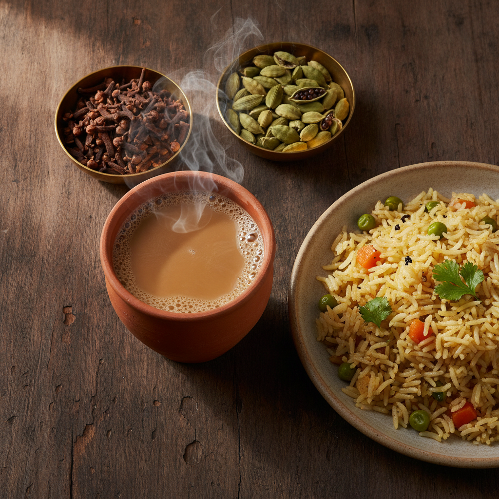 Brass bowls of whole cloves (laung) and green cardamom (elaichi) beside a clay cup of masala chai and a plate of vegetable pulao on a dark wooden table