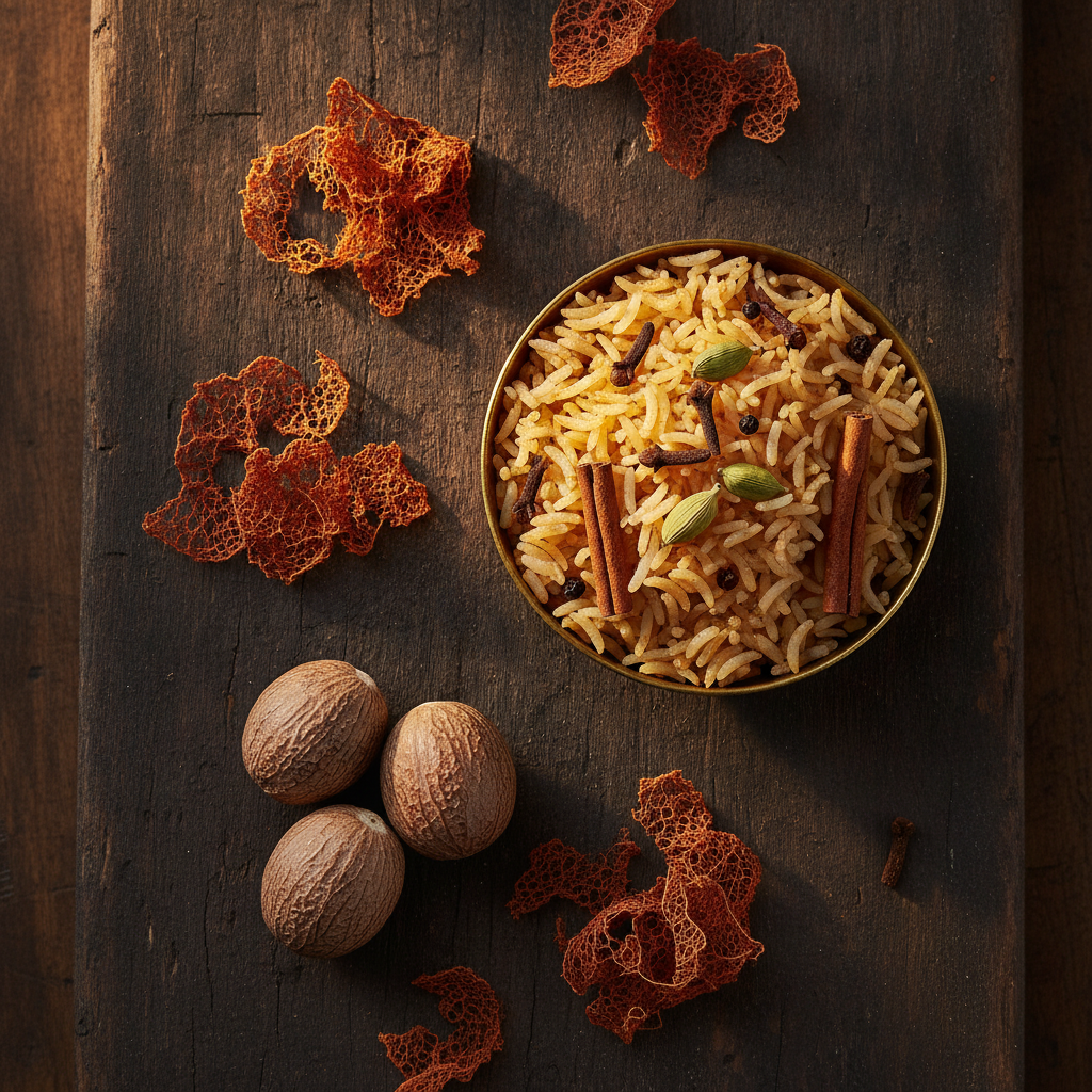 Dried mace blades (javitri) and whole nutmeg on a wooden board with biryani rice and whole spices