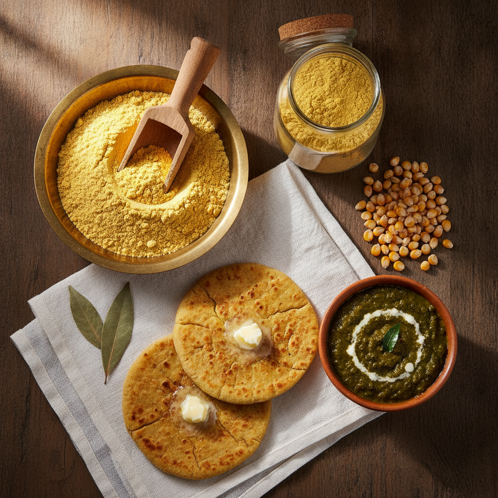 Brass bowl of golden makai atta with wooden scoop, jar of maize flour, corn kernels, makki di roti with butter and sarson ka saag