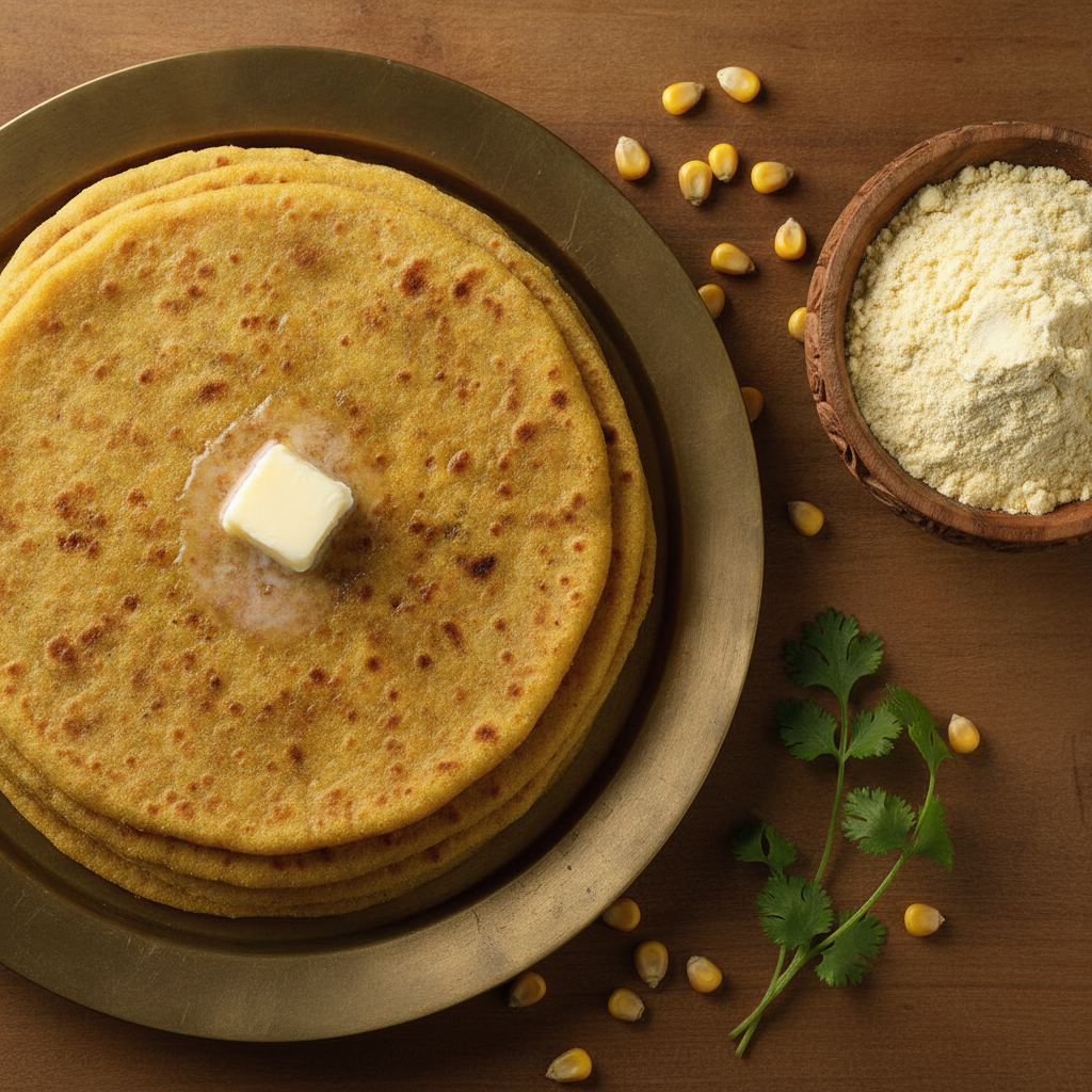 Golden makki atta rotis stacked on a brass plate with melting butter and raw maize flour, Indian kitchen