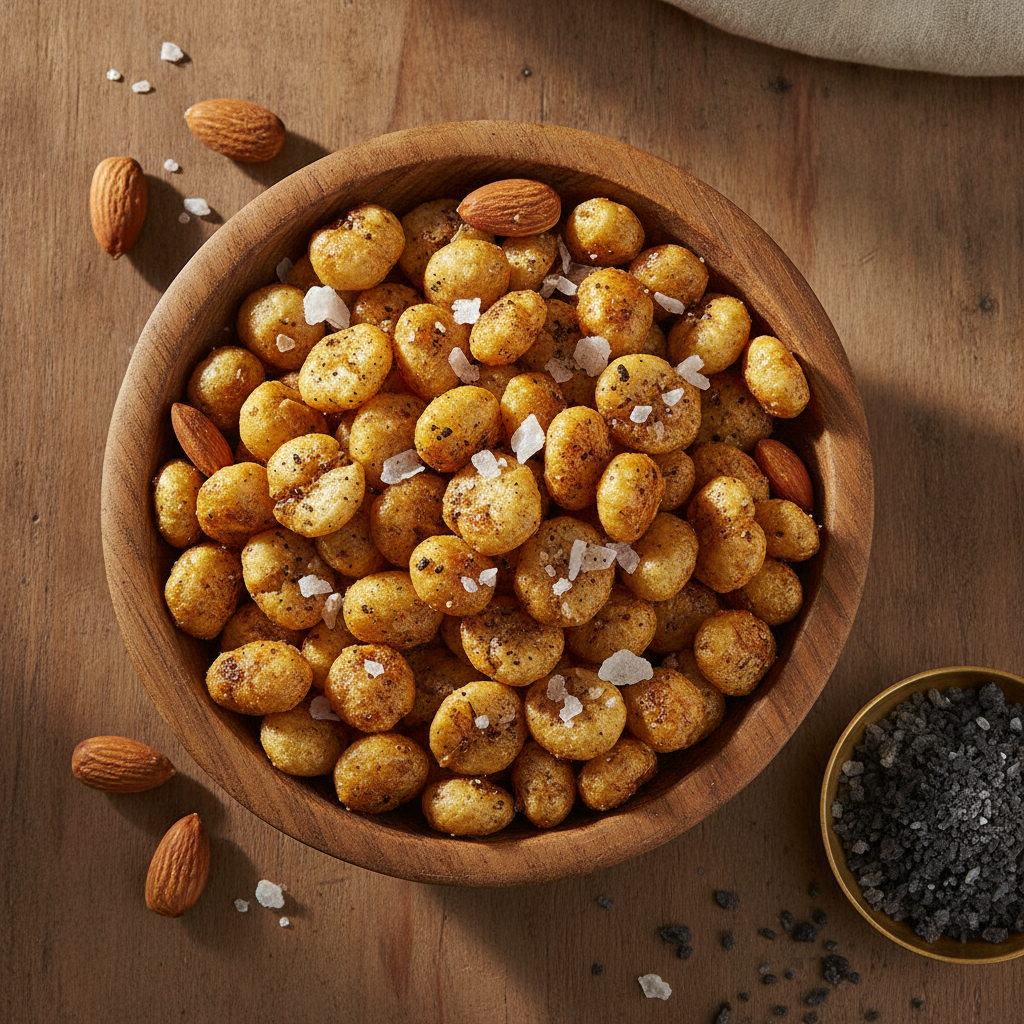 Bowl of roasted makhana (fox nuts) with black salt and almonds, showcasing health benefits of makhana