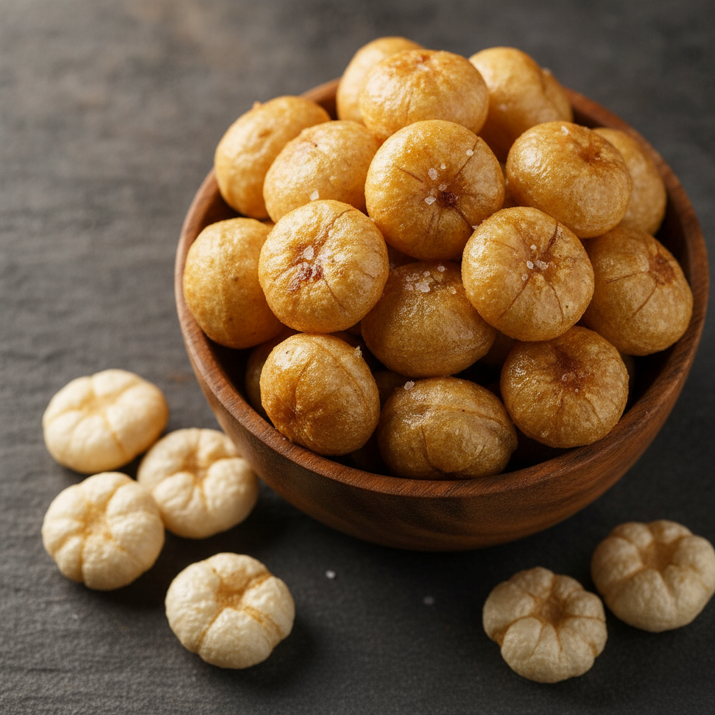 Golden roasted makhana (fox nuts) in a wooden bowl with raw ivory makhana scattered around, on dark slate background