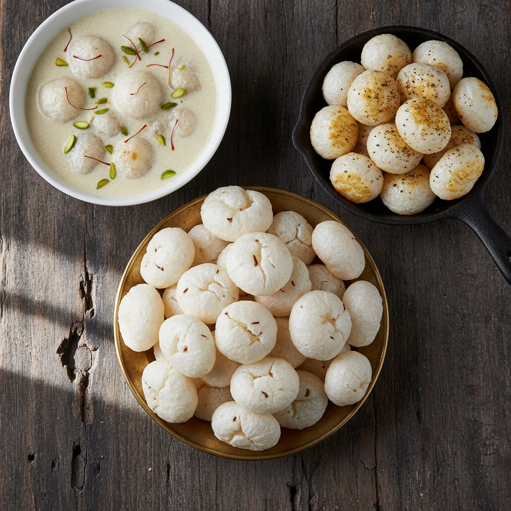 Bowl of white puffed makhana fox nuts, ghee-roasted makhana with black pepper and a bowl of makhana kheer with saffron and pistachio