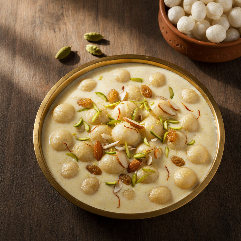 Creamy makhana kheer in a brass bowl topped with pistachios, almonds and raisins, with dry phool makhana and green cardamom beside it