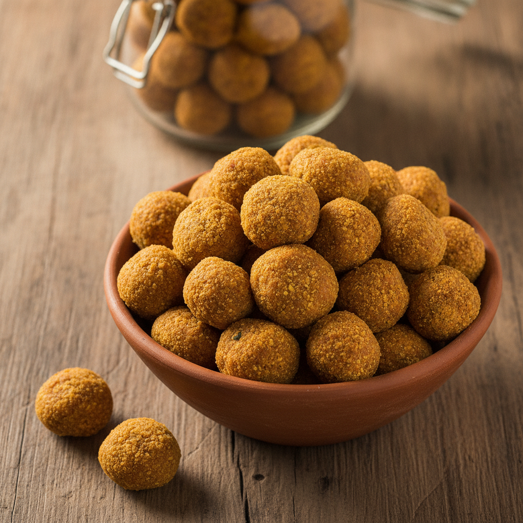 Golden sun-dried masala badi lentil dumplings piled in a terracotta bowl on a wooden table with a glass storage jar behind