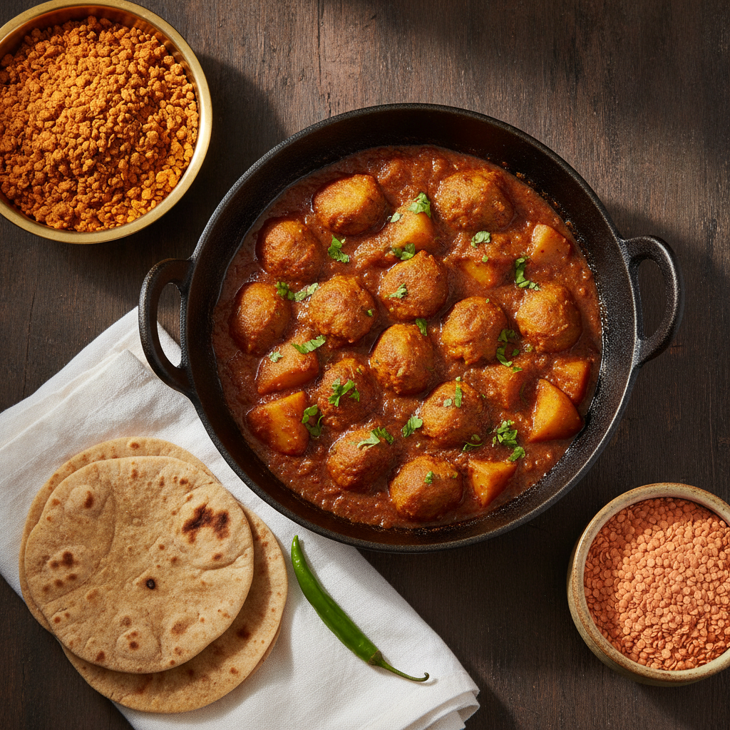 Masoor badi aloo curry in an iron kadhai with raw sun-dried masoor badi, red lentils and rotis