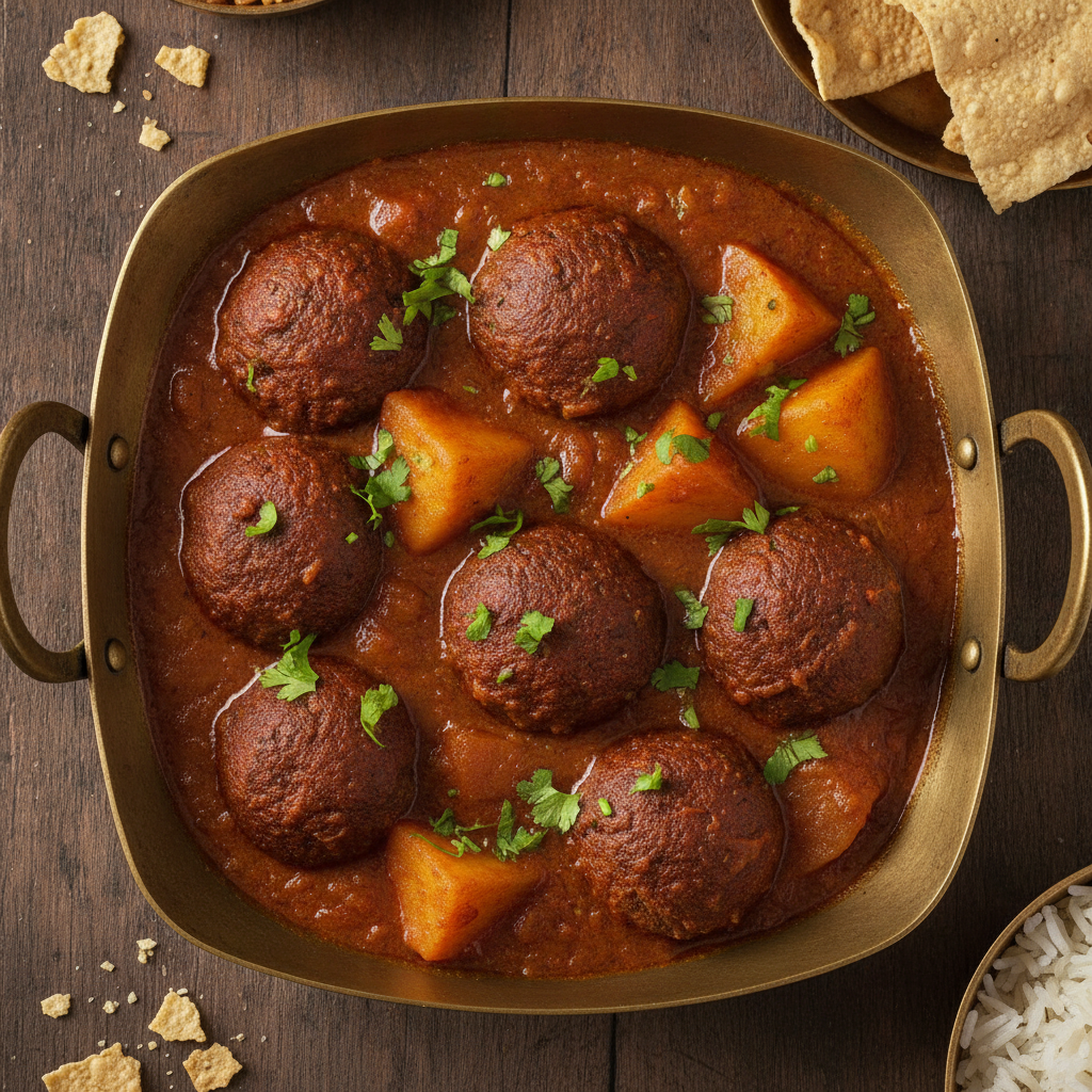 Masoor badi curry — sun-dried red lentil dumplings in a spiced onion-tomato gravy with potatoes, served in a brass kadhai and garnished with fresh coriander