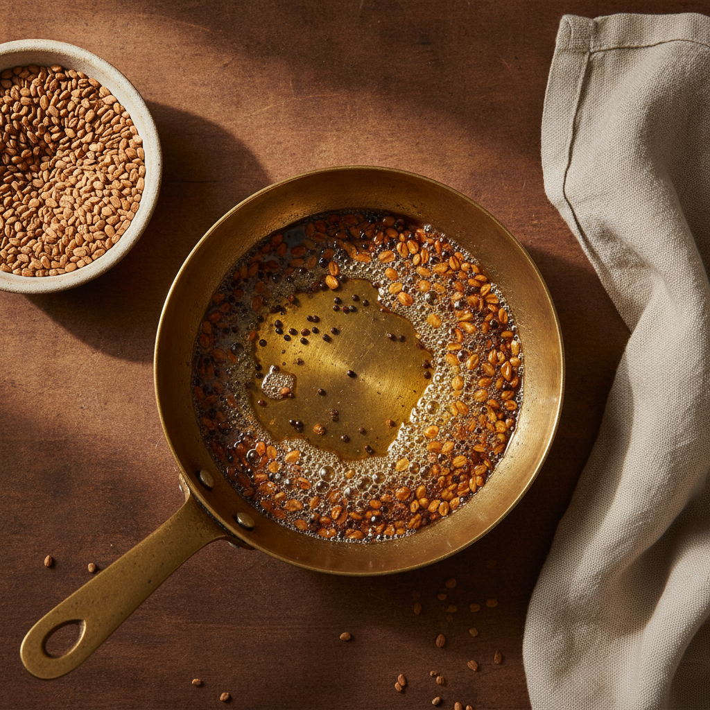 Fenugreek seeds (methi dana) sizzling in hot oil with mustard seeds in a tadka pan, Indian kitchen tempering