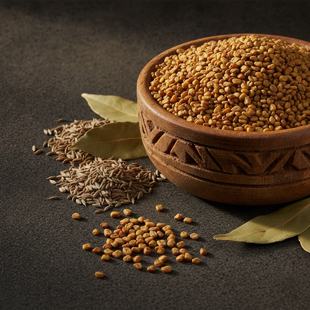 Rustic wooden bowl of golden-brown fenugreek seeds with whole cumin and bay leaves on a dark stone surface