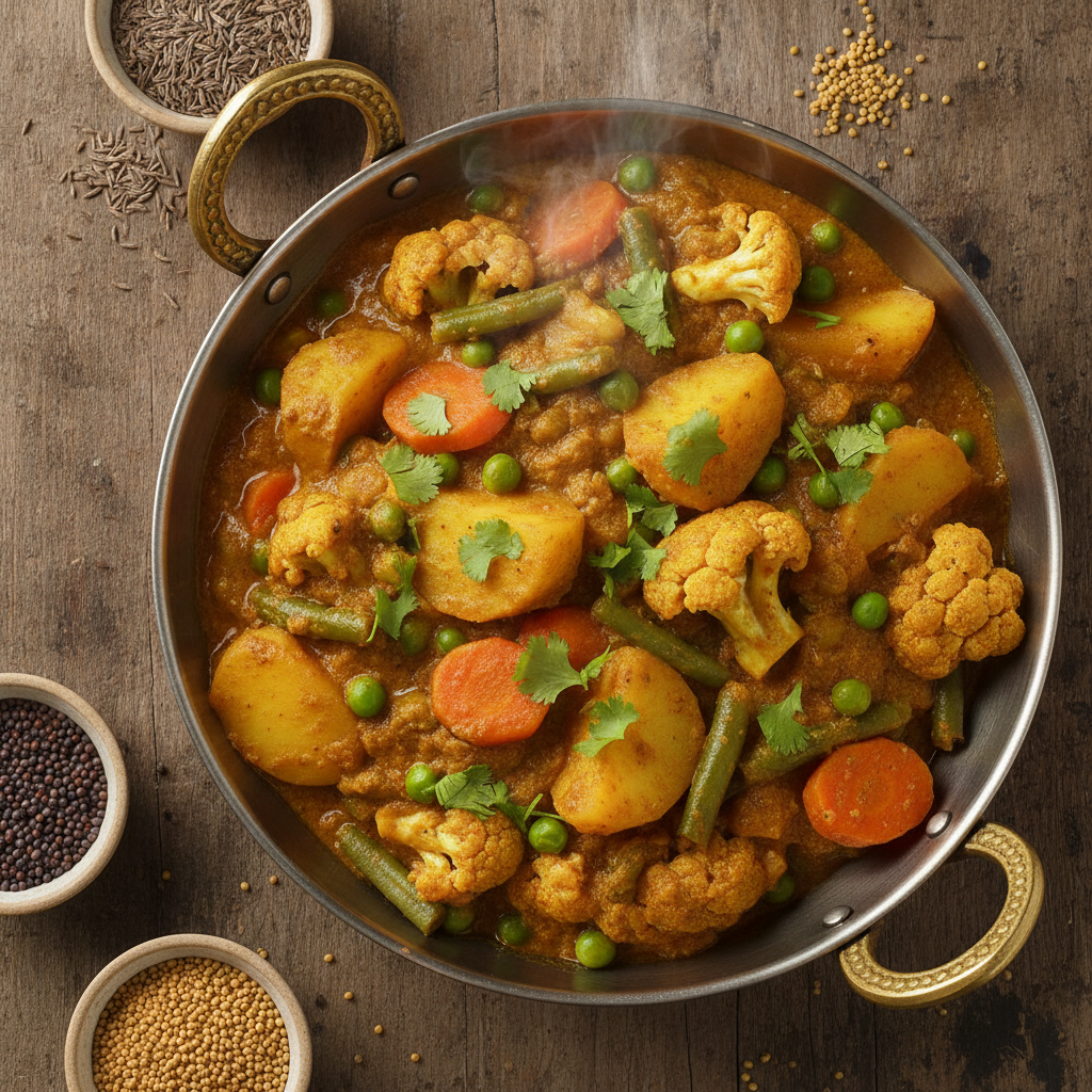 Indian mixed vegetable curry made with ODM Mix Sabji Masala served in a copper karahi