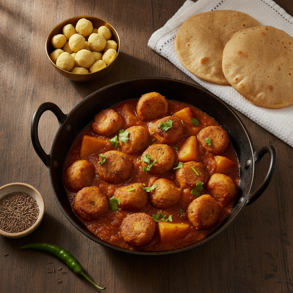 Moong badi aloo sabzi in an iron kadhai with phulka rotis, raw moong badi and cumin seeds