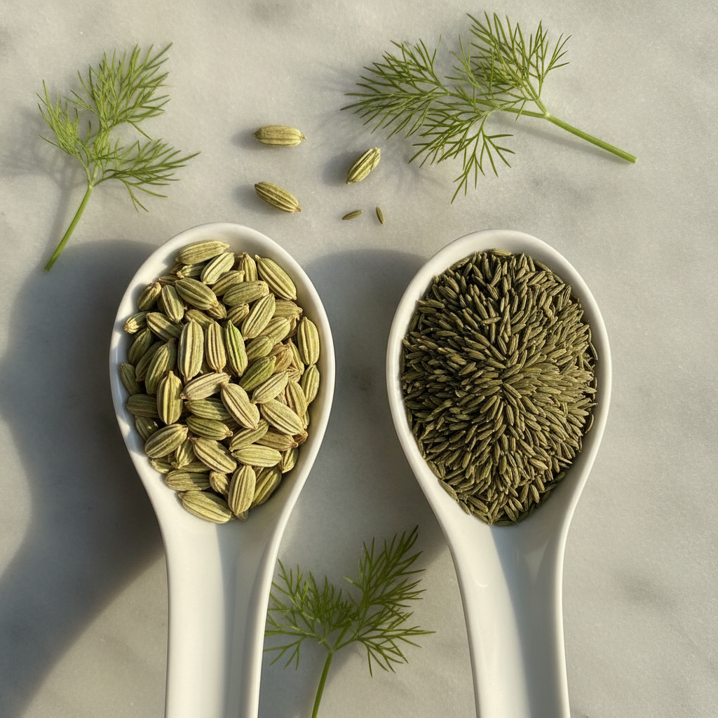 Two types of fennel seeds — large mota saunf and small mahin saunf — in white ceramic spoons on a marble surface with fresh fennel fronds