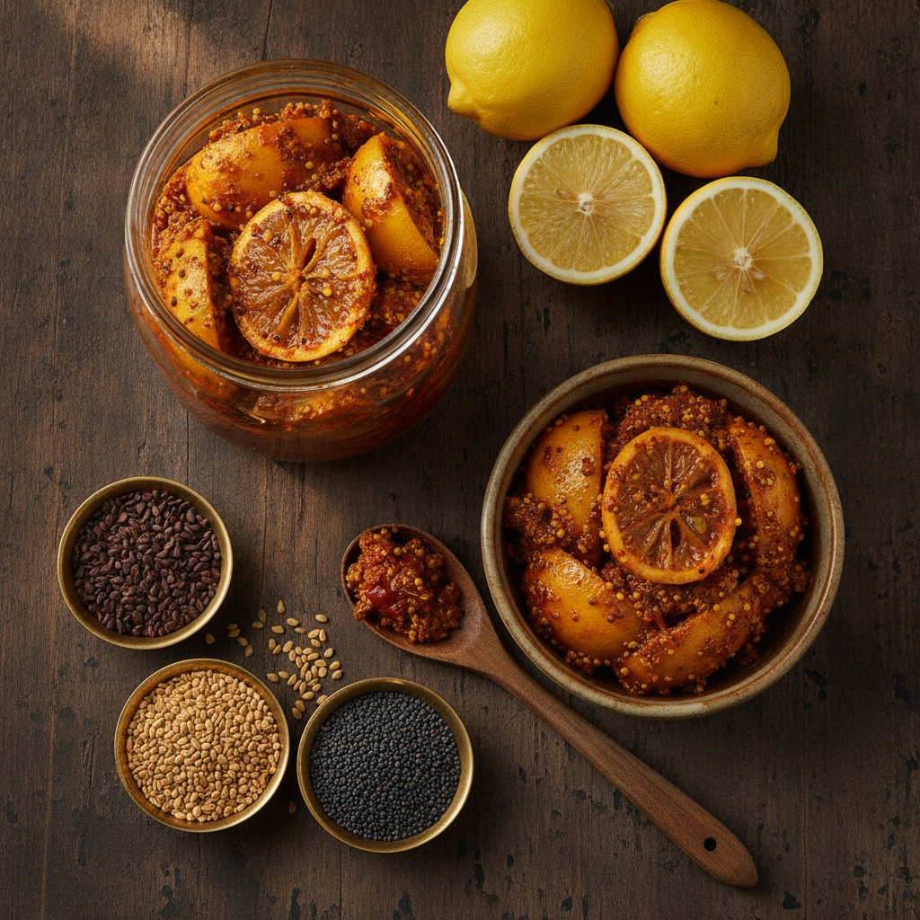 Homemade nimbu ka achar in a glass jar and bowl with fresh lemons, methi dana, mustard seeds and kalonji