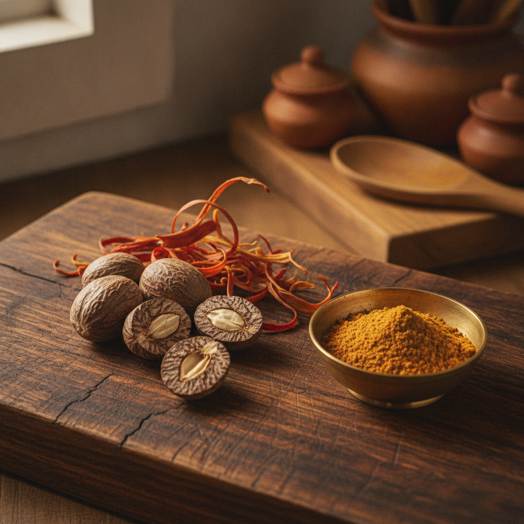 Whole nutmeg seeds and delicate red mace strands on a wooden board, showing the difference between jaiphal and javitri