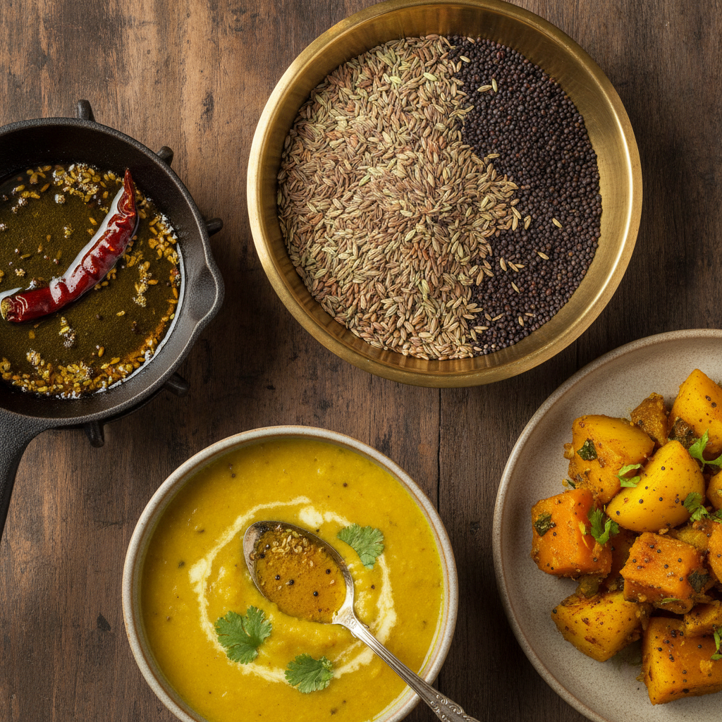 Brass bowl of panchforan whole seeds with a sizzling mustard oil tadka, masoor dal and Bengali pumpkin potato sabzi on dark wood